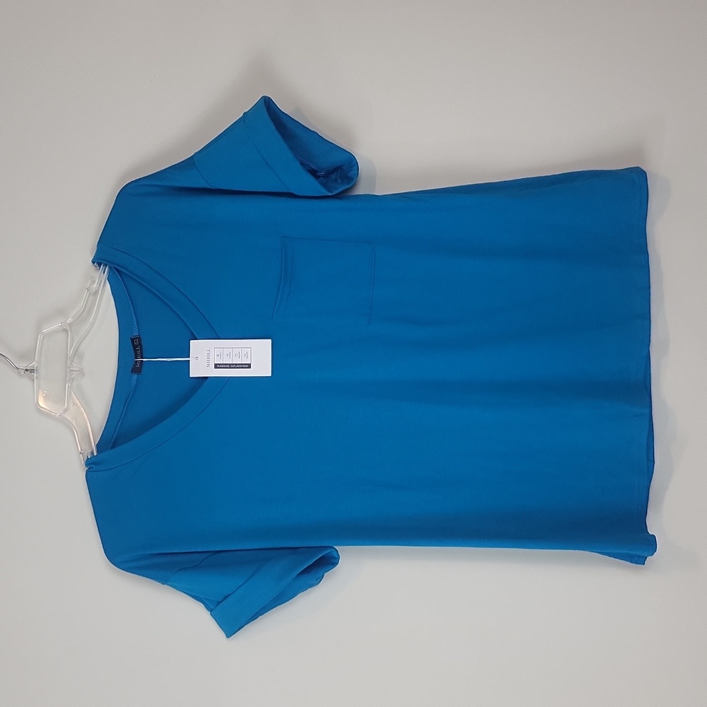 MIHOLL. Turquoise Blue V-Neck Cuffed Short Sleeve Tee Shirt - L